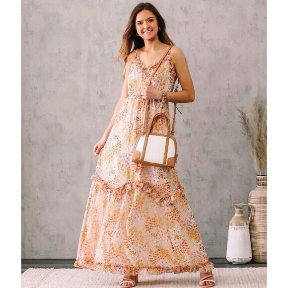 June & Hudson Dresses & Skirts - June & Hudson Floral Ruffle Ivory Orange Lavender Maxi Dress size S